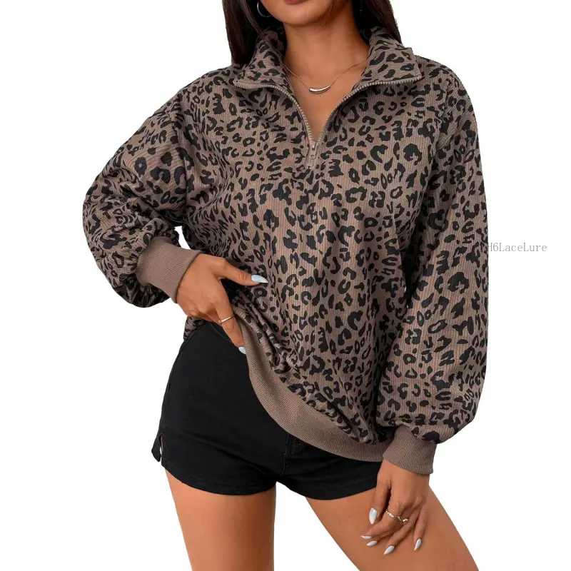 Womens Cheetah Print Oversized Sweatshirt Half Zip Pullover Corduroy Long Sleeve TopsH6LaceLure
