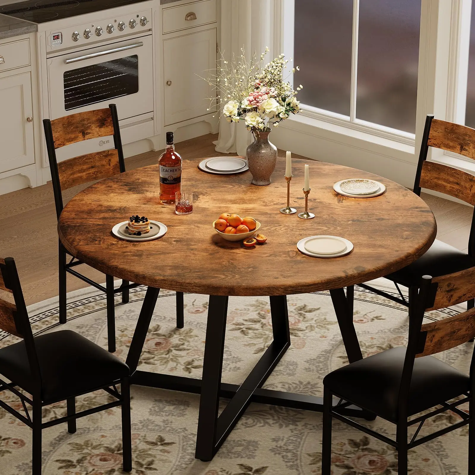Garvee 5-Piece Round Dining Table Set with 4 Upholstered Chairs, Sturdy Wooden Frame, Ideal for Kitchen, Apartment, or Small Spaces, Retro Brown Finish