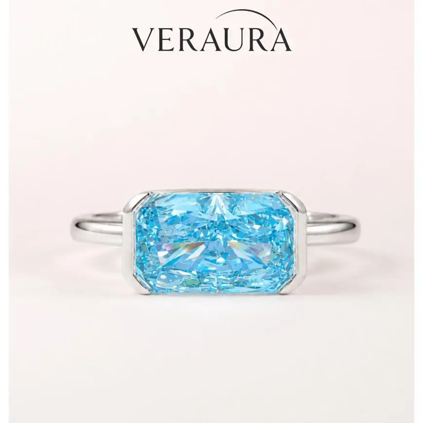 3CT East-West Hero Ring Long-Lasting Color Rectangular Radiant Cut Ocean Blue half bezel Thick Gold Plated Brass 5A CZ Ring Minimalist  for Women