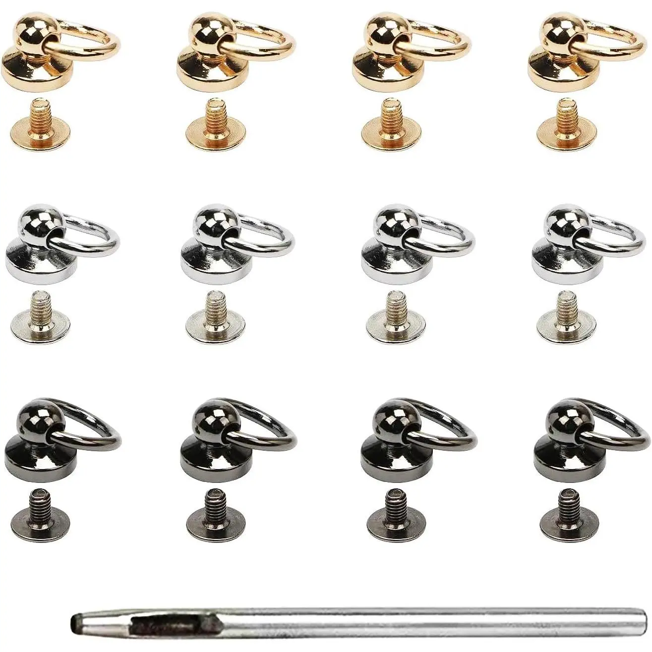 Leather Rivets 12 count Brass Ball Studs Screw Rivets, 360  Rotatable D Ring for Purse Hardware for Bag Making Handbag Phone Case Belt DIY, Leather Craft Accessories- 3 Color