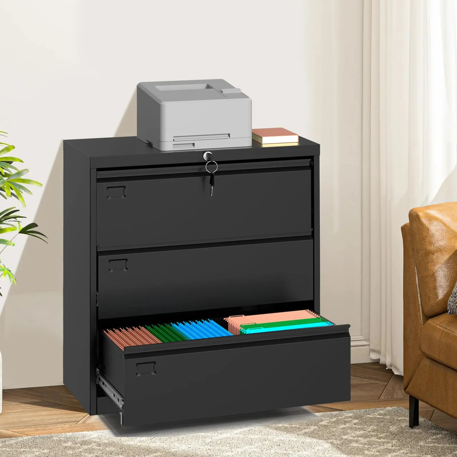 3-Drawer Lateral Filing Cabinet with Lock, Heavy Duty Metal File Organizer for Letter/Legal/A4 Documents, Secure Under Desk Storage Cabinet with Keys, Space-Saving Home Office Organizer, Easy Assembly, Sleek Matte Black Steel, File Cabinet, Adjustable