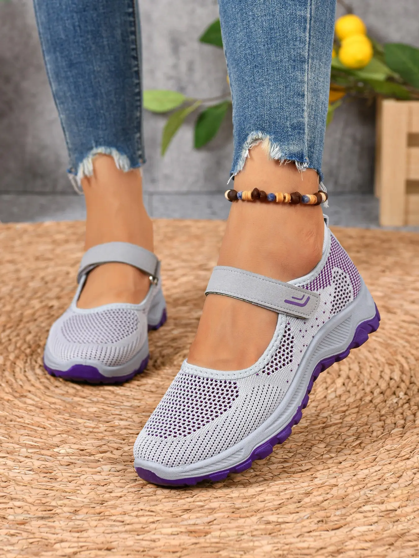 Women’s Mary Jane Walking Sneakers, Hook and Loop Strap Mesh Upper Casual Shoes, Non‑Slip Thick Outsole Easy On‑Off Daily Footwear for Gardening Shopping Park Stroll Multi‑Color Options