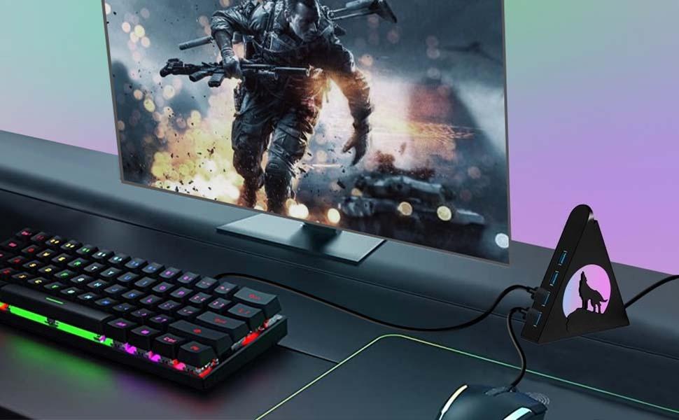 L-APT030    7-Port USB 3.0 Hub, Vertical USB Hub Splitter with RGB Lighting,5Gbps High-Speed Data Transfer and 2FT Extension Cable, Compatible with PC, MacBook, Laptop, PS5, Xbox, Flash Drive, Printer
