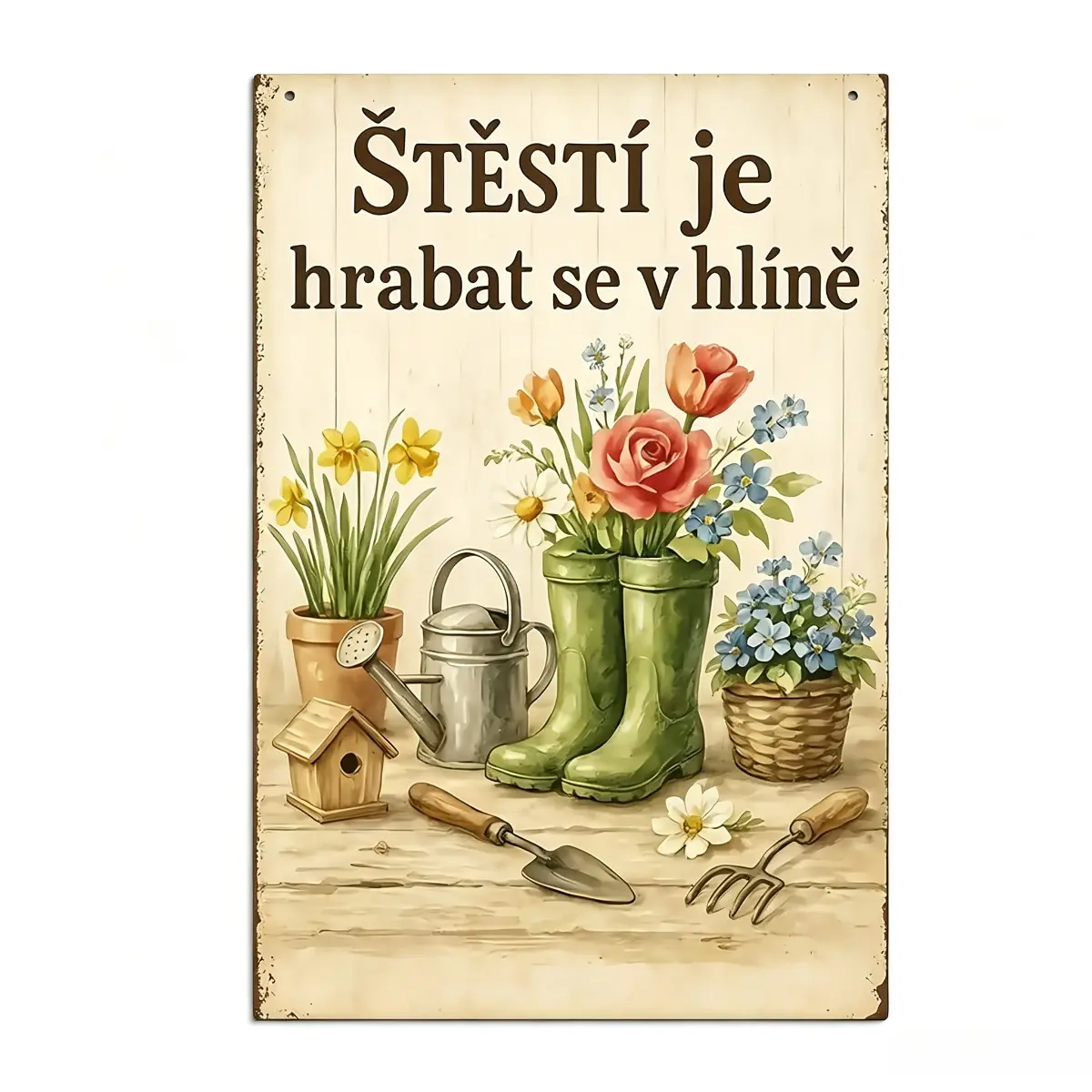 Vintage Gardener Metal Tin Sign, Czech "Happiness is Digging in Clay" Quote, 12×8 in Retro Garden Wall Decor Floral Gardening Plaque Artwork