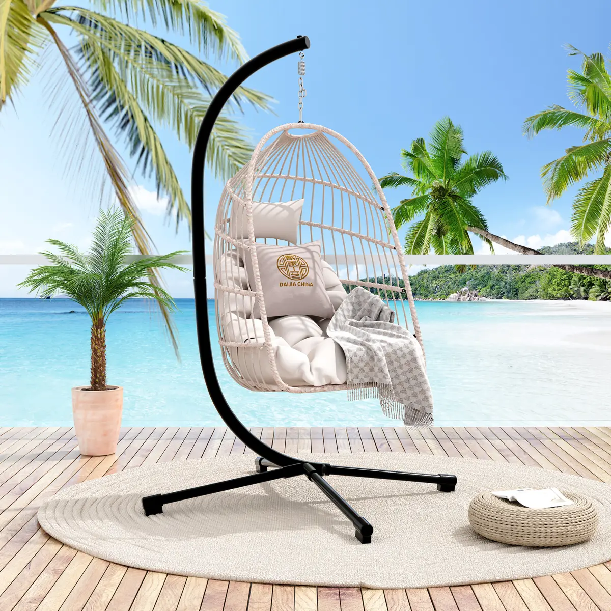[Fahuac] Portable Foldable Egg Swing Chair with Cushion & Headrest, Rust-Resistant Aluminum-Steel Frame for Patio Garden.