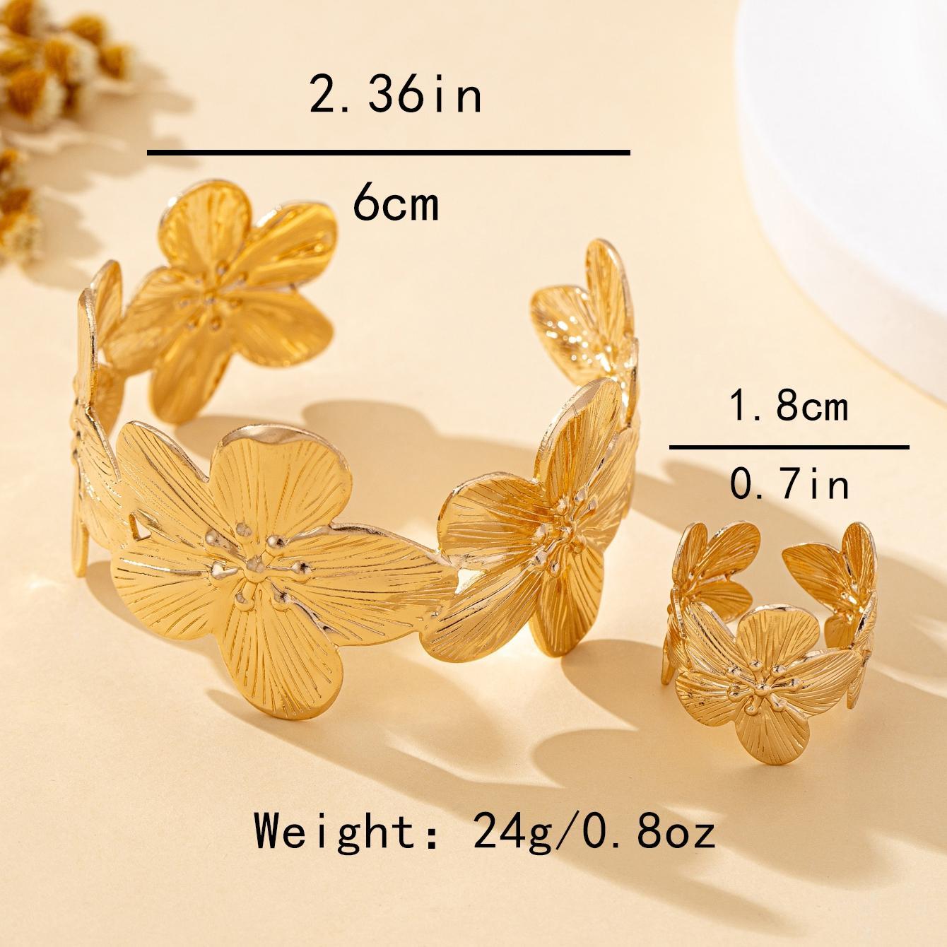 Women's Jewelry Set Bohemian Style Adjustable Open Metal Flower Bracelet and Ring Set Suitable for Daily Wear and Gift-Giving