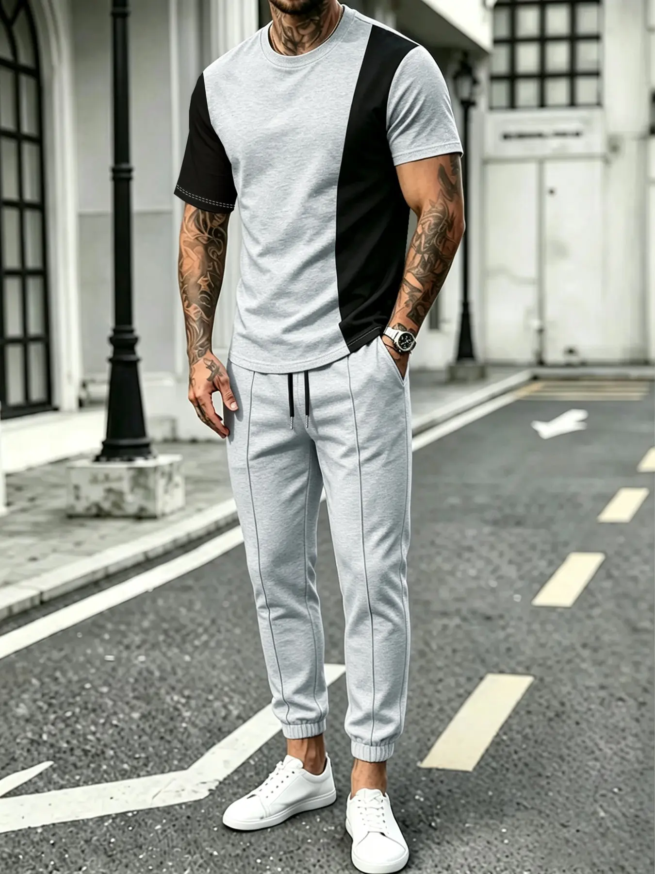 Men's Patchwork Color Block T-Shirt and Drawstring Waist Sports Pants Set, Comfortable Casual Wear, Fashion Men's Sportswear, Ideal Gift