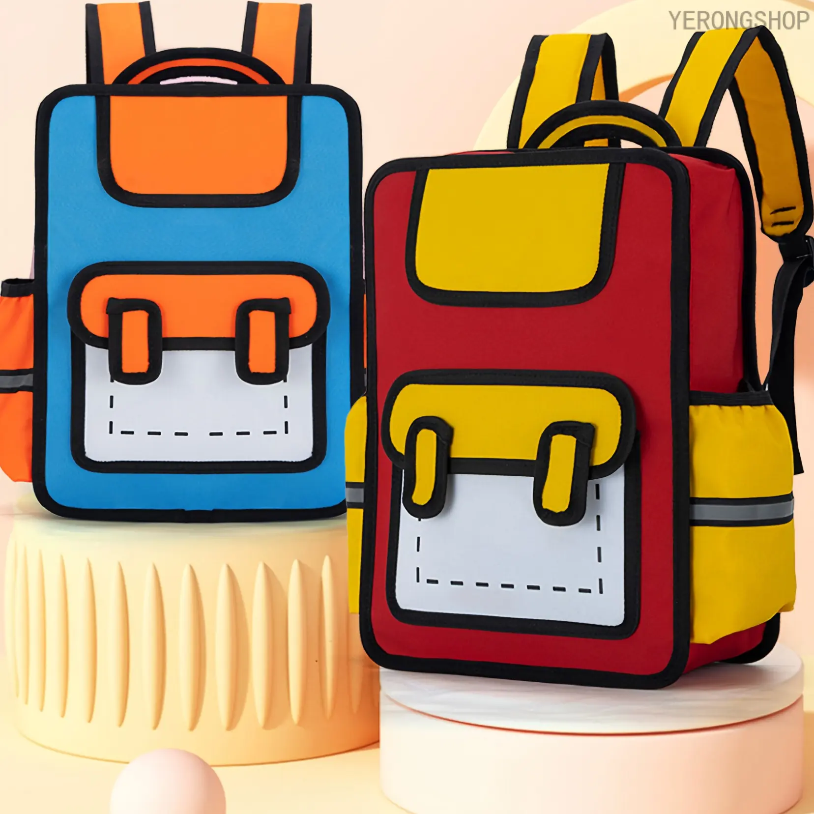 Cartoon 2D Illusion Backpack Color Block Trendy Casual Daily Backpack for Students