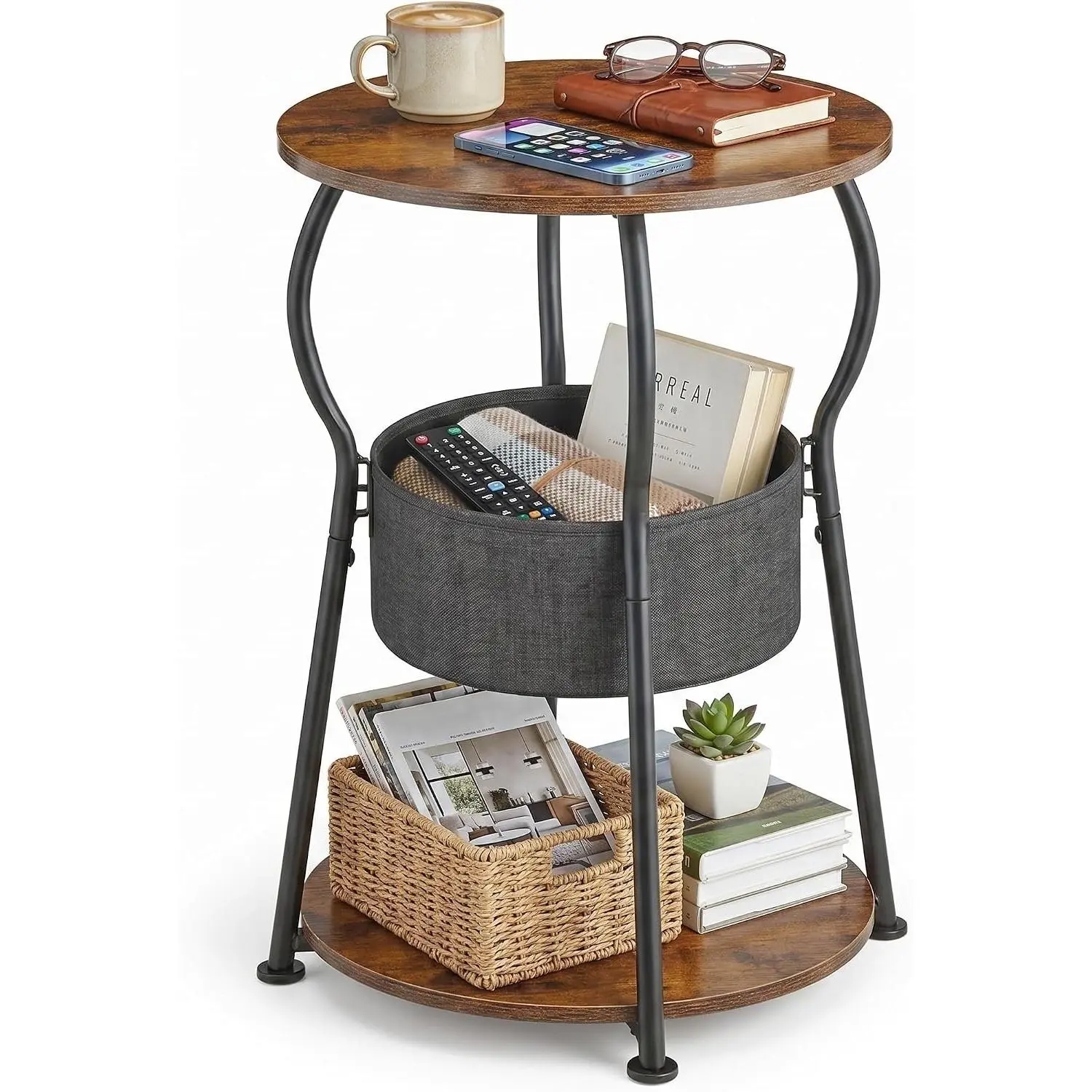 Small Round Side Table with Storage Bag, 3-Tier Accent Round End Table with Storage Shelves for Living Room, 21.6" H Vintage Small Corner Table for Smalls Spaces (D - 15.8 in Rustic Brown)