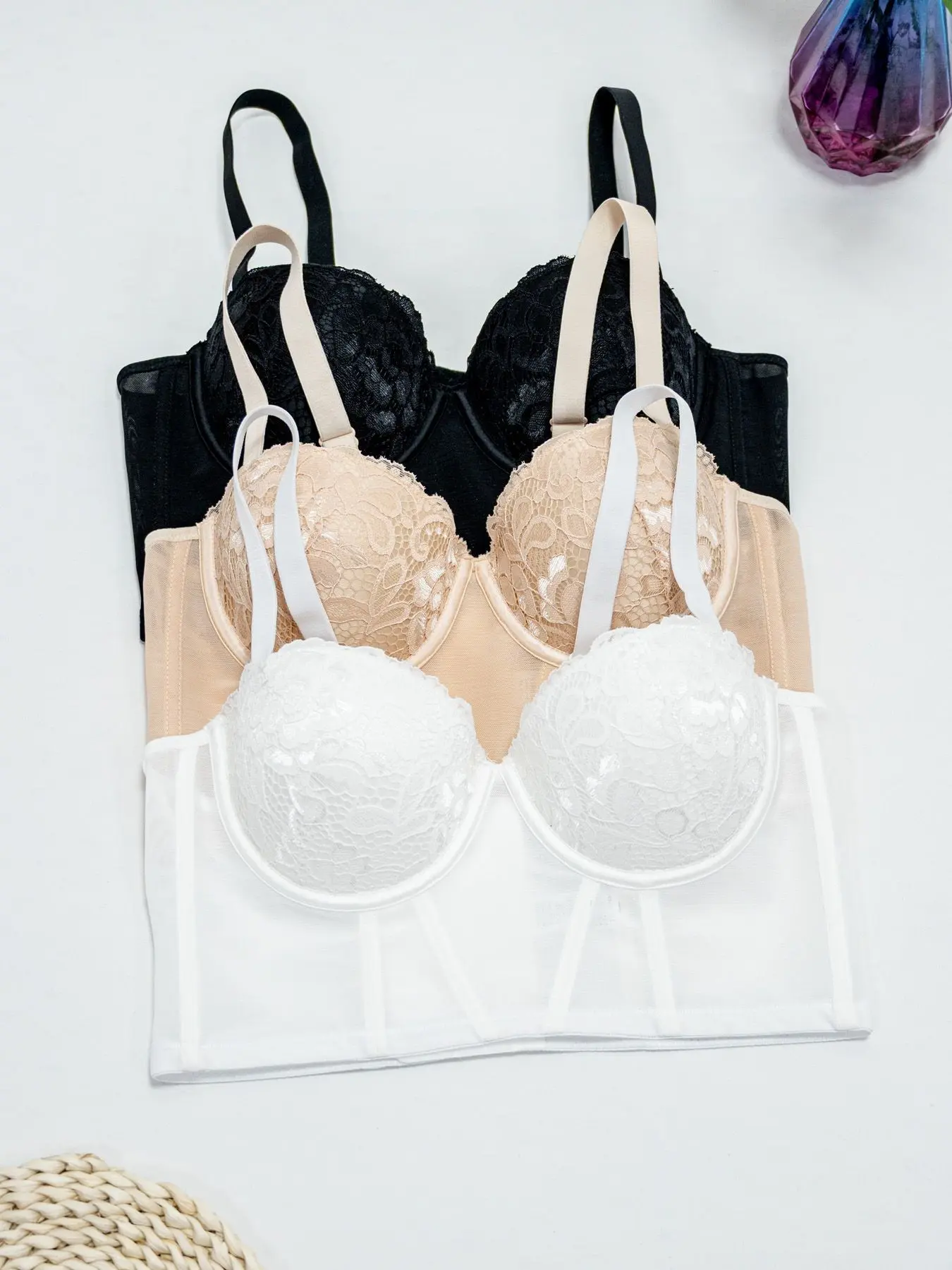 Lace Corset Bralette Layering Fashion Top, Boned Underwire Push Up Demi Cup Bra, Mesh Side Panels Back Closure Adjustable Straps For Blazers Dresses Office Casual Going Out