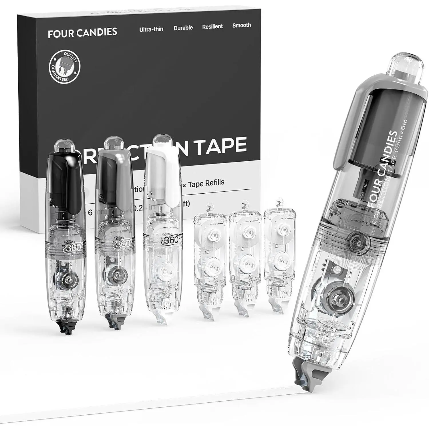 3-Pack White Correction Tape, 3 Refills, 118.1 ft, 6mm Width | Refillable, -Resistant, Smooth, Quick Dry, Cute Pen Shaped Applicator, School Supplies for Teen & Adults