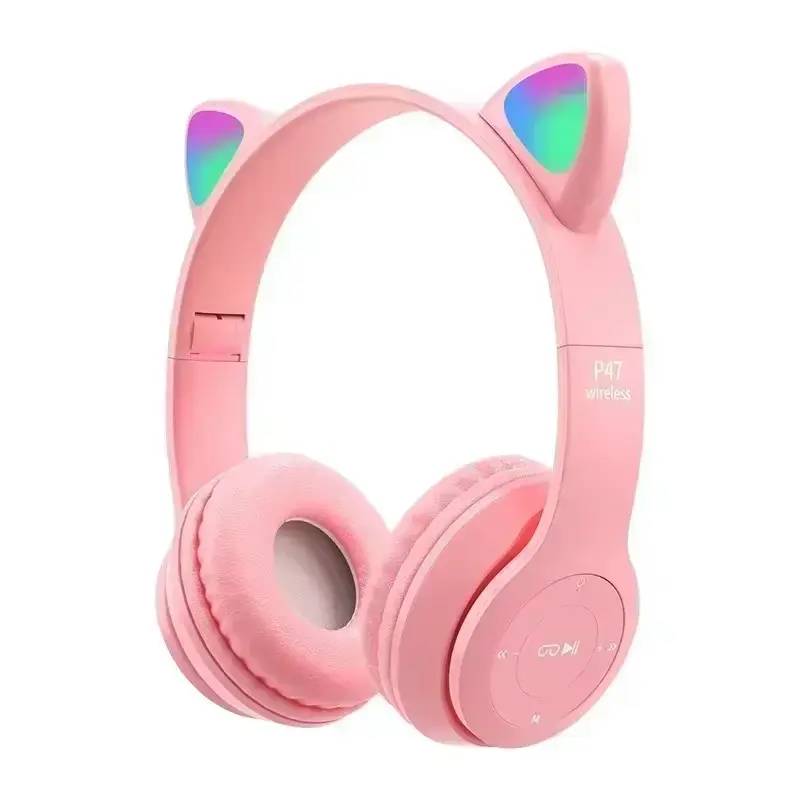 Flash Lamp Cute Cat Ears Headphone Bluetooth5.0 Stereo With Mic Support TF Card Wireless Kids Girl Earphone Birthday Gift Over-ear Bluetooth noise cancellation pretty music accessories personal sound foldable gaming toddler