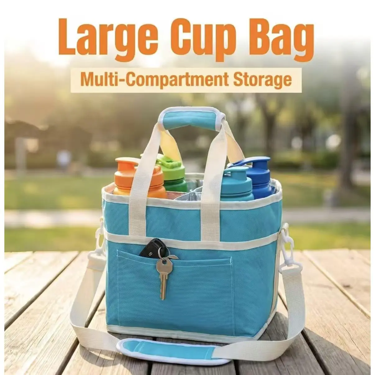 Portable 4‑compartment drink bag, insulated cup holder with adjustable shoulder strap, 4‑slot beverage carrier with removable dividers and front pocket.Ideal for hiking, sports and daily outings, available in multiple colors.  storage bag