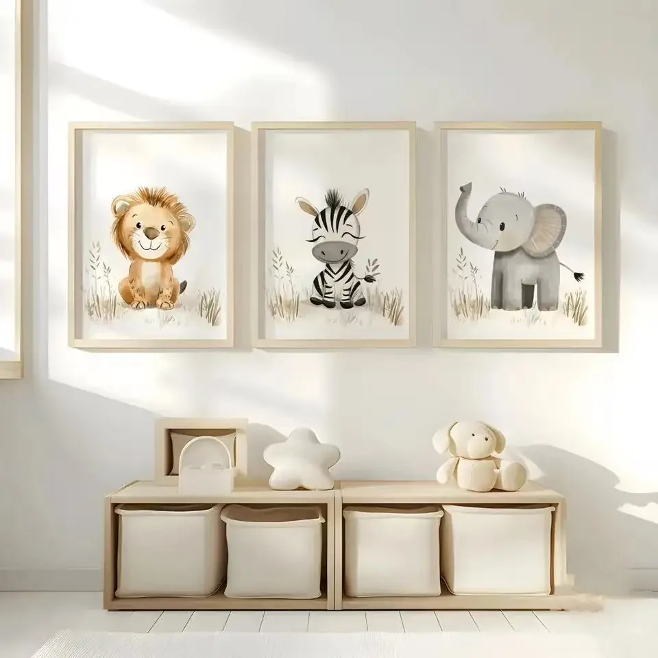3pcs Children's Room Wildlife Zoo Jungle Elephant Zebra Lion Frameless Poster Infant Room Decor Gift Unisex Boy Girl Room Canvas Painting
