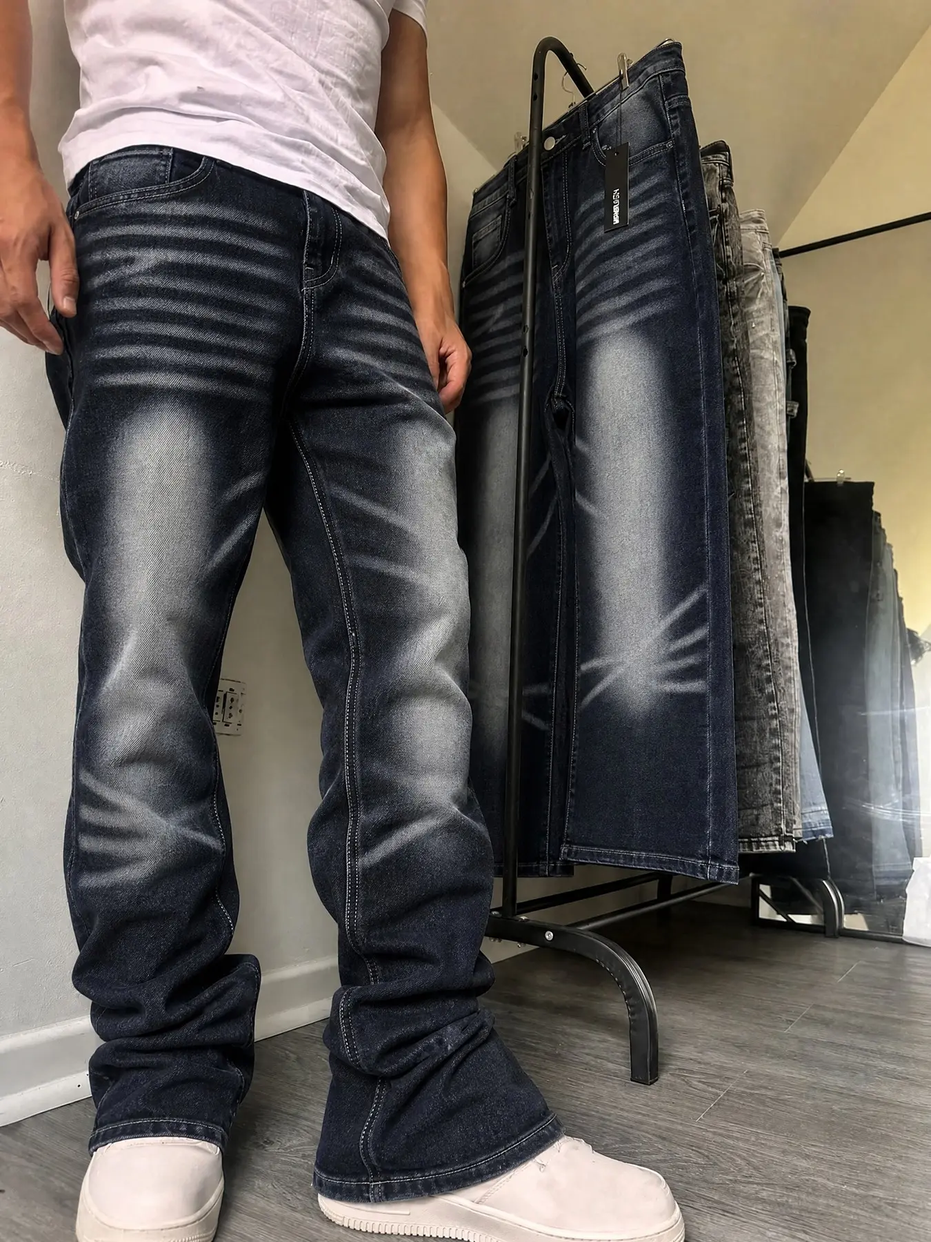 Vintage Washed Jeans for Men, Slim-Fit Distressed Hem Flare Pants, Street Style All-Seasons Wear, Versatile Long Jeans for Daily Use