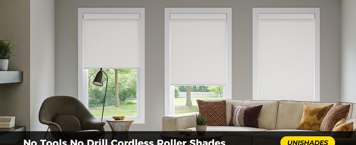 No Tools No Drill Cordless Blackout Roller Shades for Indoor Windows, Easy to Install, Darkens Rooms, Blocks Heat, and Protects Against UV Rays, Window Size 34" W * 48" H White