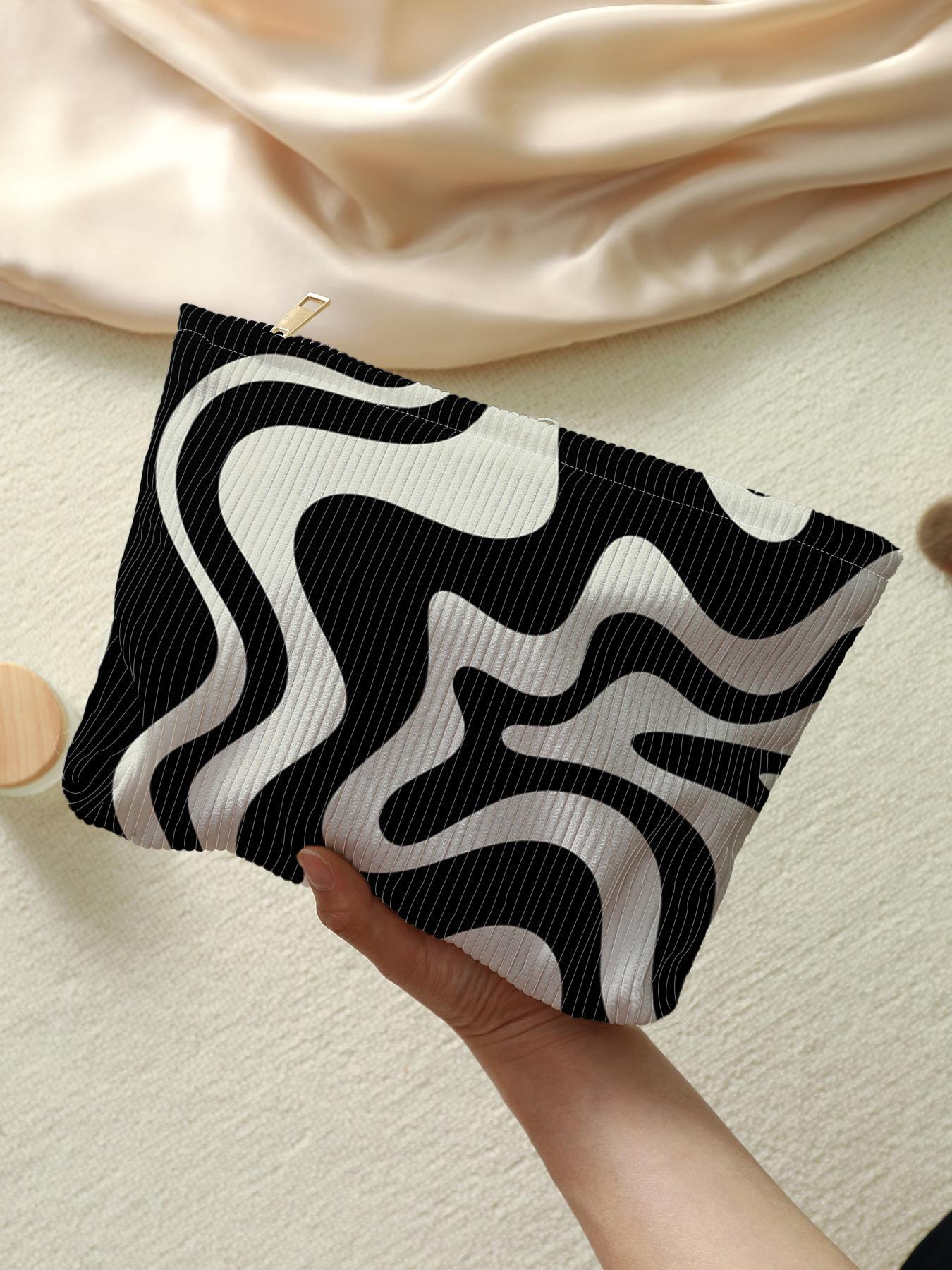 Zebra Stripe Pattern Corduroy Makeup Bag, Makeup Organizer Pouch, Handheld Cosmetic Pouch, Cosmetic Travel Bags, Casual Lightweight Multi-functional Travel Cosmetic Bag, Casual Trendy Versatile High-quality for Women & Girls