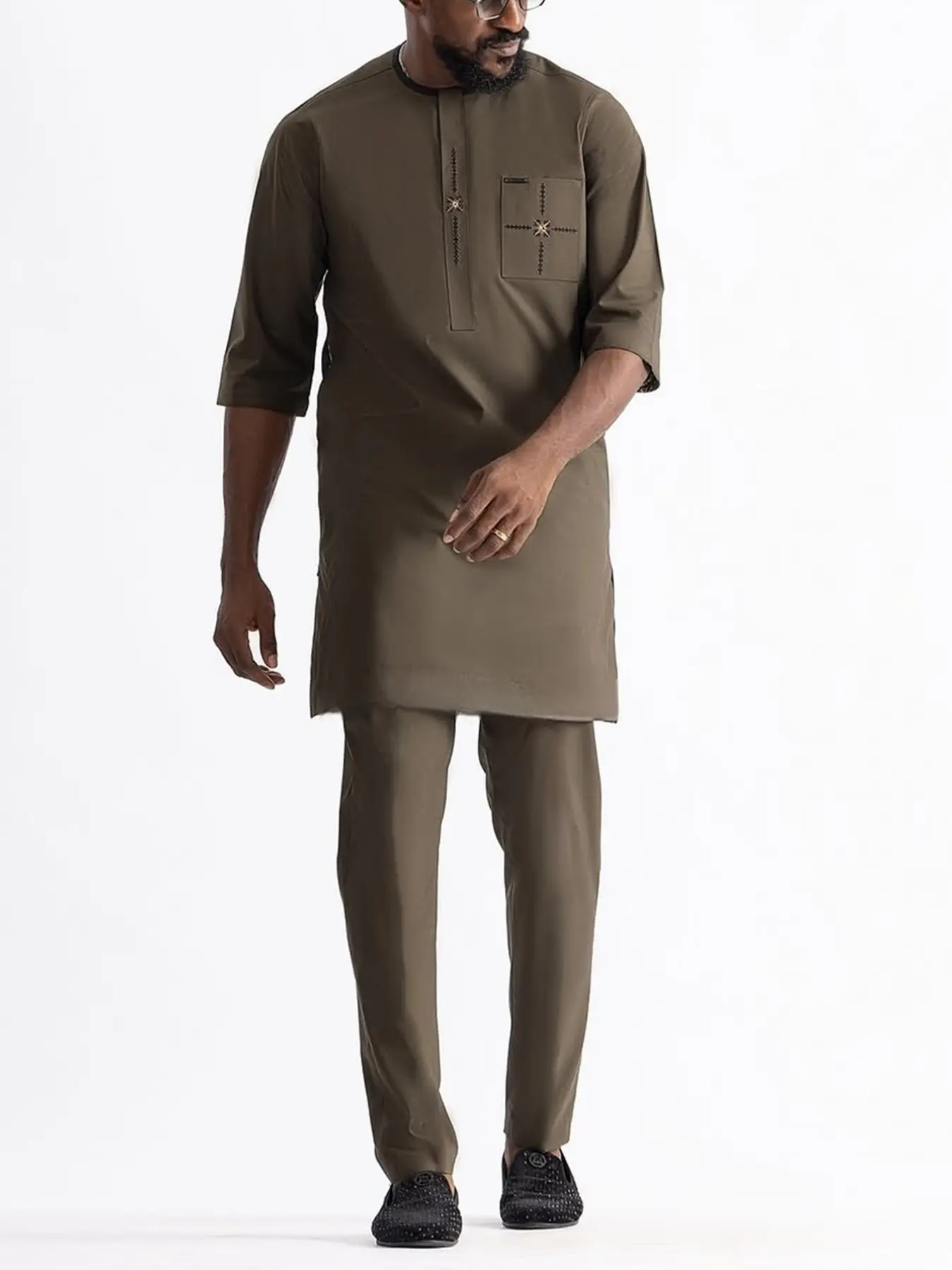 Men's Dashiki Set, Casual Style, Aesthetics, Round Neck, Pockets, Embroidery, Hidden Button Design, Short Sleeve, Drawstring Waist Pants