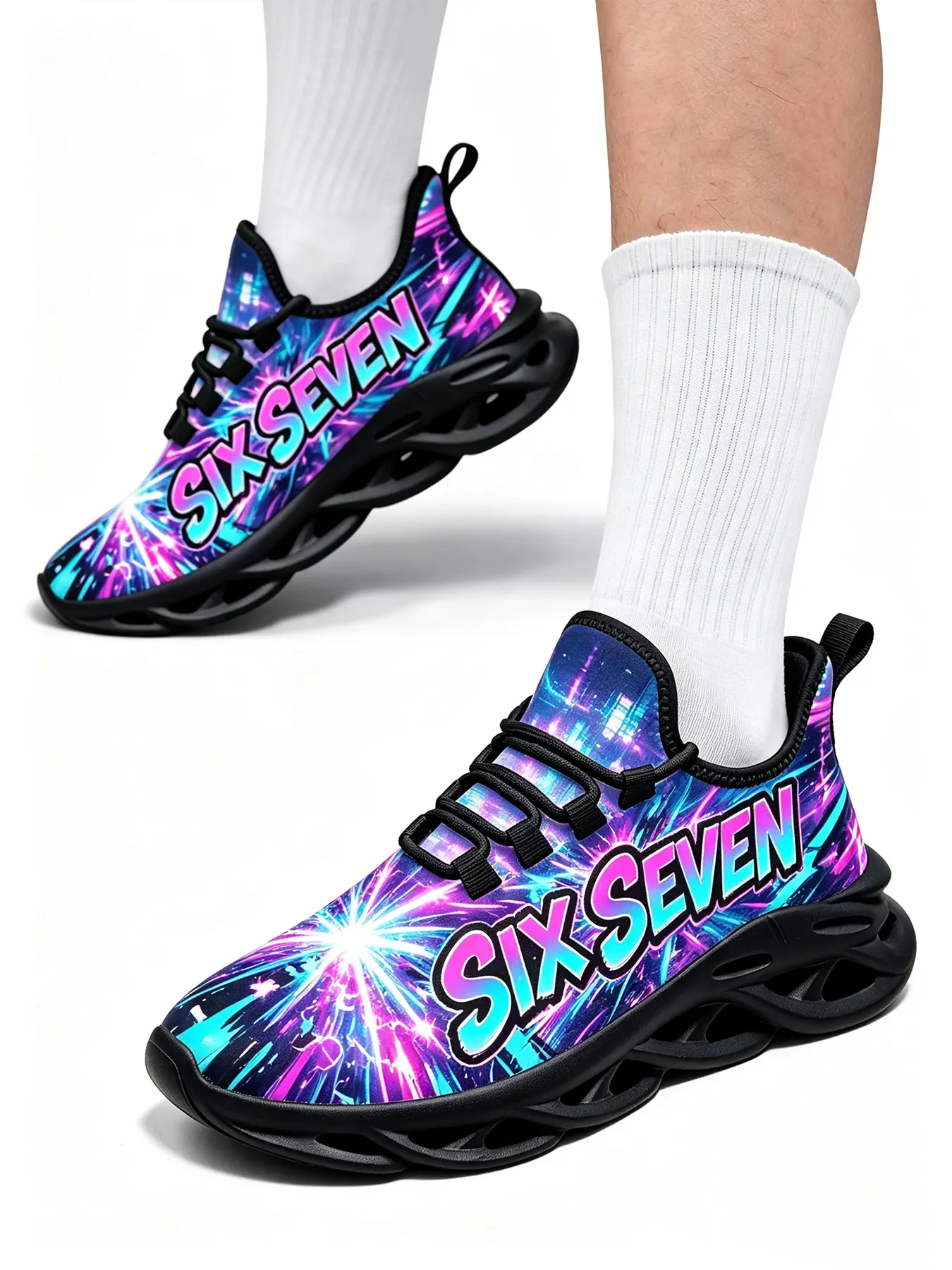 Fashion Gradient Neon Six Seven Text Graphic Casual Sneakers for Men Women, 67 Lightning Galaxy Print Hollow Out Thick Sole Dad Shoes, Breathable Non Slip Athletic Walking Running Street Trainers