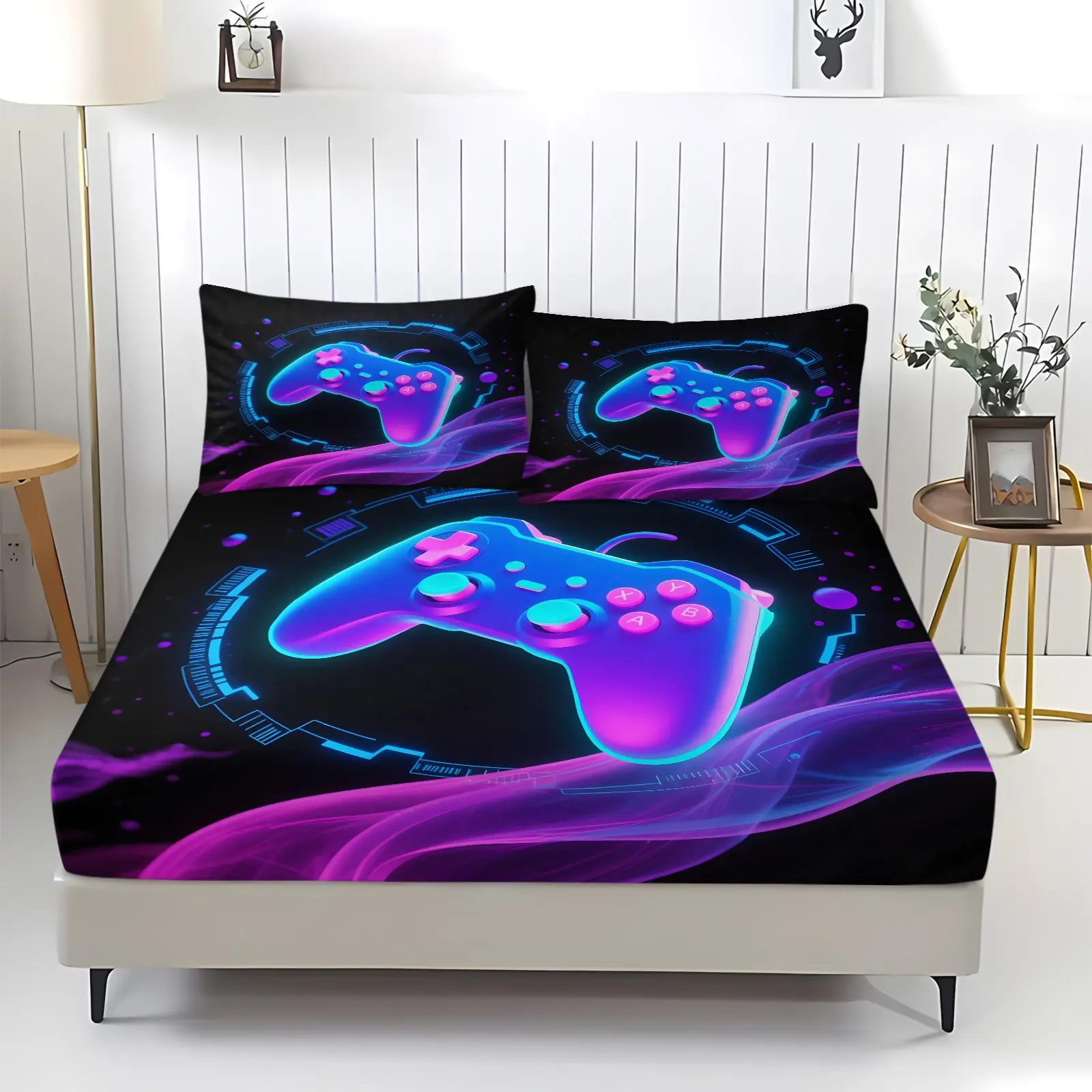 3-Piece Rainbow Neon Cyber Game Fitted Sheet Set, 1 Fitted Sheet & 2 Coreless Pillowcases, Gradient Game Controller With Circuit Patten Print, Soft Breathable Deep Pocket Fabric, Futuristic E-Sports Room Decor For Teen Boys