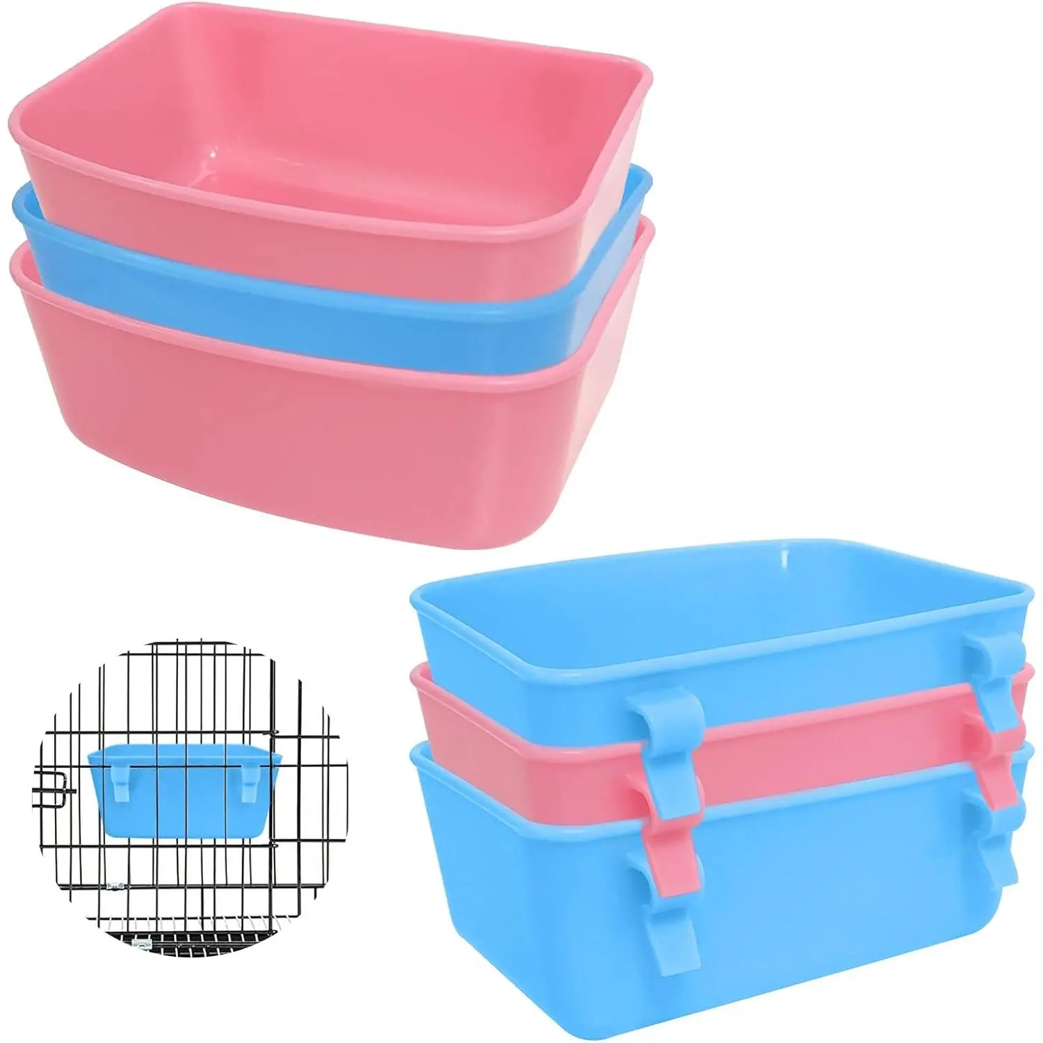 6Pcs Hanging Feeder Plastic Bowl Set Pack - Blue & Pink Universal Cage Food Water Container for Small Pets (Bird, Hamster, Rabbit, Guinea Pig), Birds Hamsters