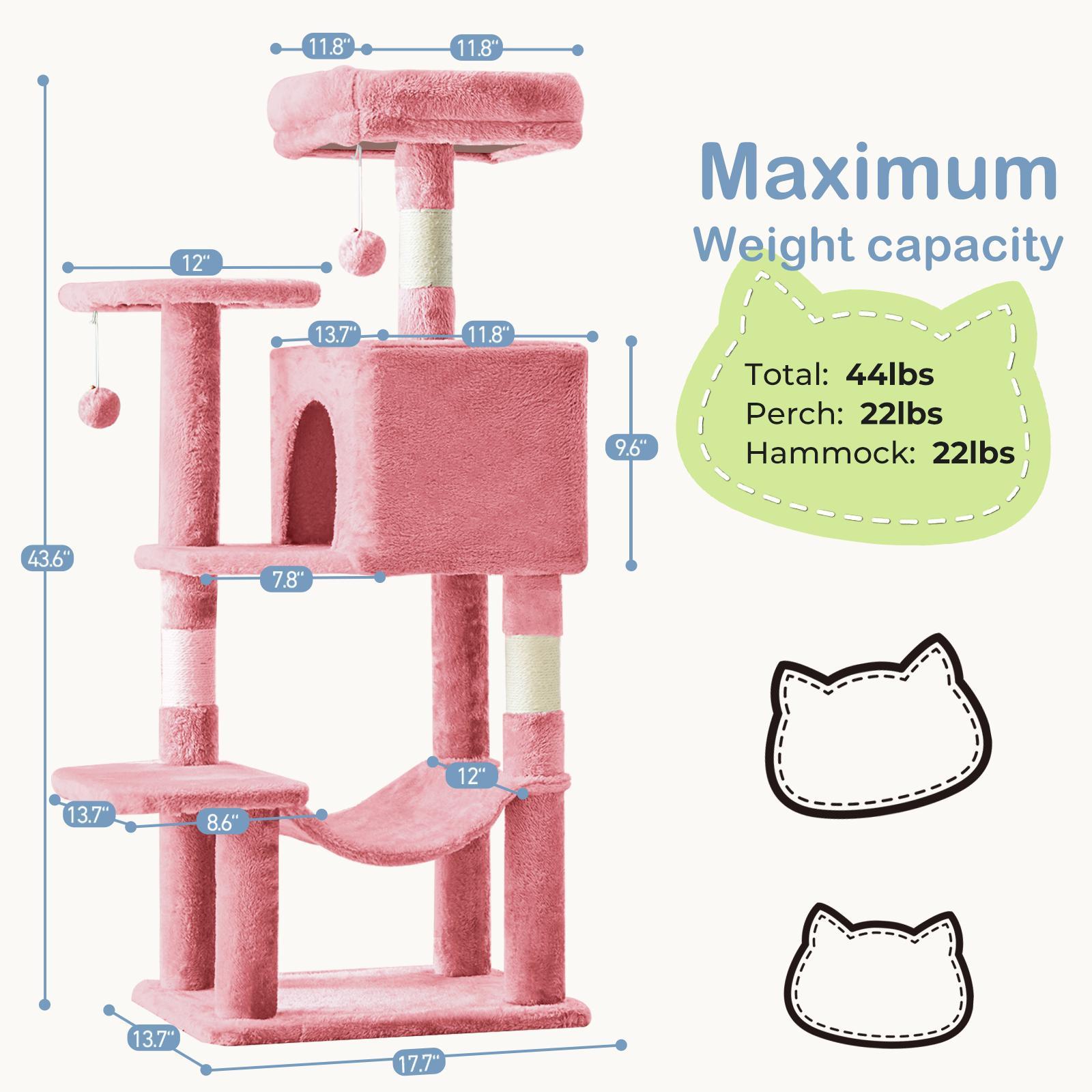 Glam 44" Multi-Level Cat Tree Tower with Sisal Scratch Posts, Extended Platforms & Hammock for 2-3 Cats, Sturdy Base, Vertical Scratcher, Supports up to 44 lbs, Indoor Cat Condo & Play Area