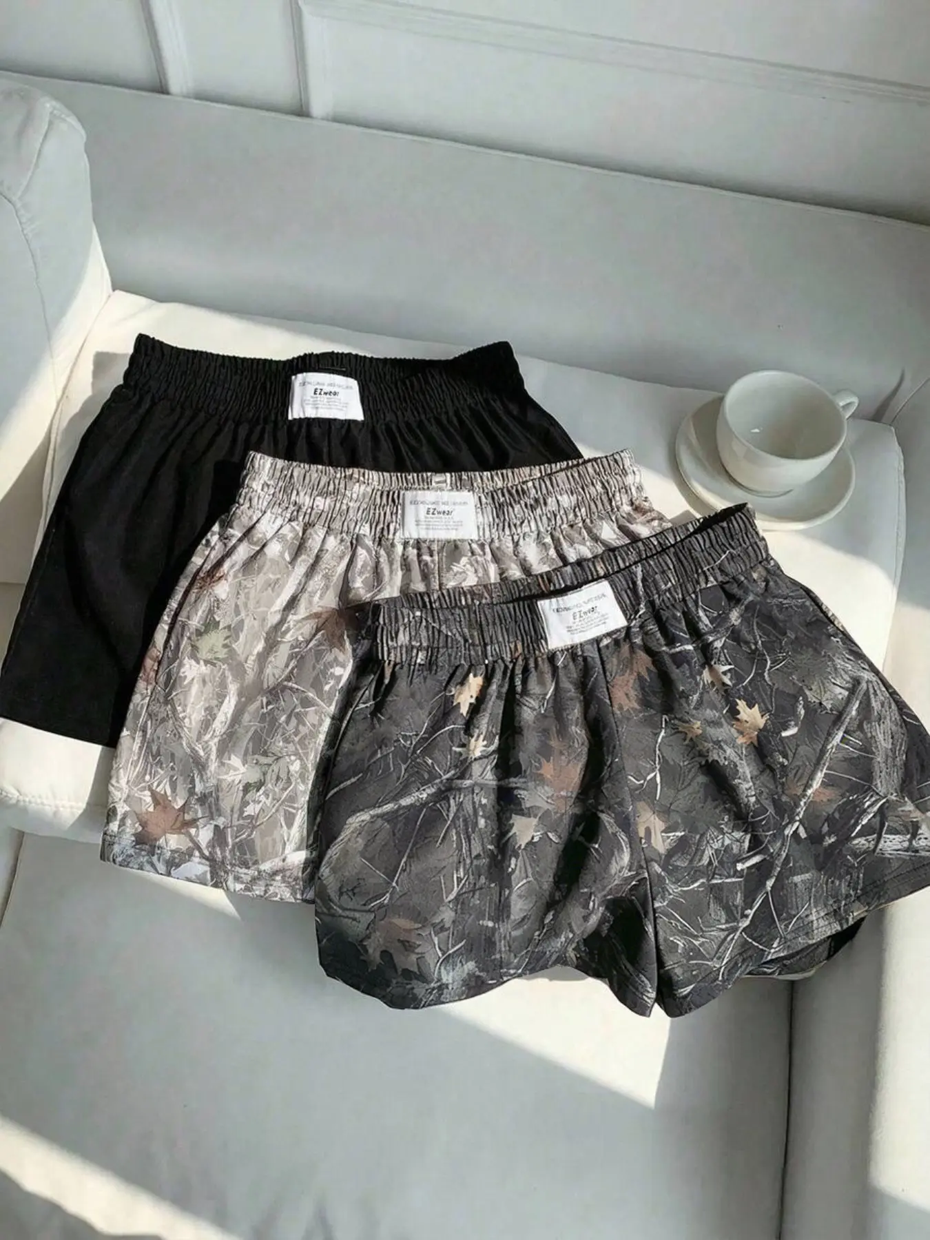 3-Pack Vintage Millennial Tree Camo All-Over Print & Solid Casual Loose Oversized Shorts for Women, Letter Waist Label Design, Summer Bottoms, Casual Fit Shorts