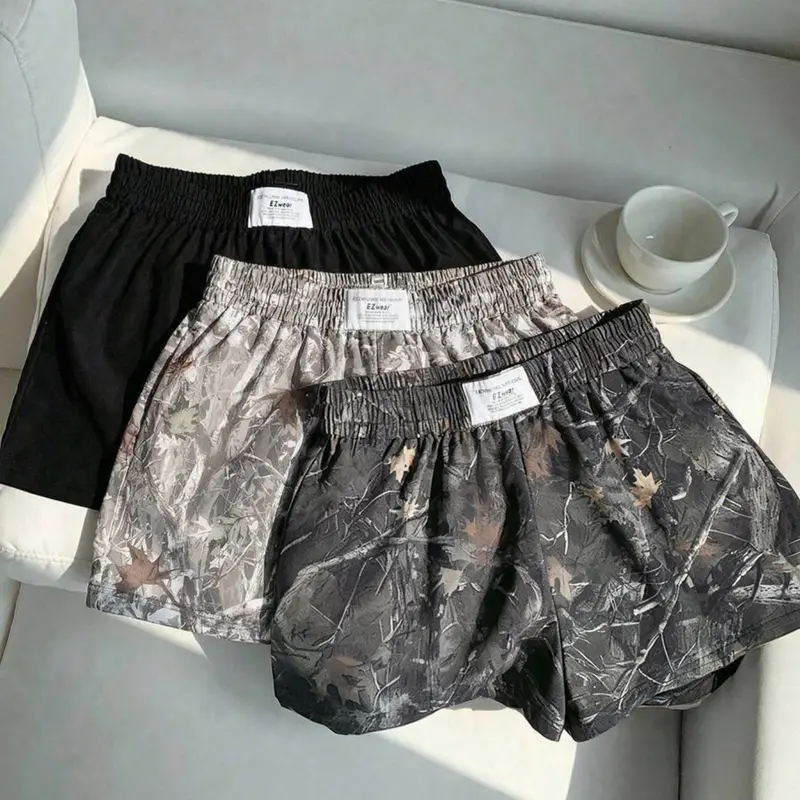 3-Pack Vintage Millennial Tree Camo All-Over Print & Solid Casual Loose Oversized Shorts for Women, Letter Waist Label Design, Summer Bottoms, Casual Fit Shorts