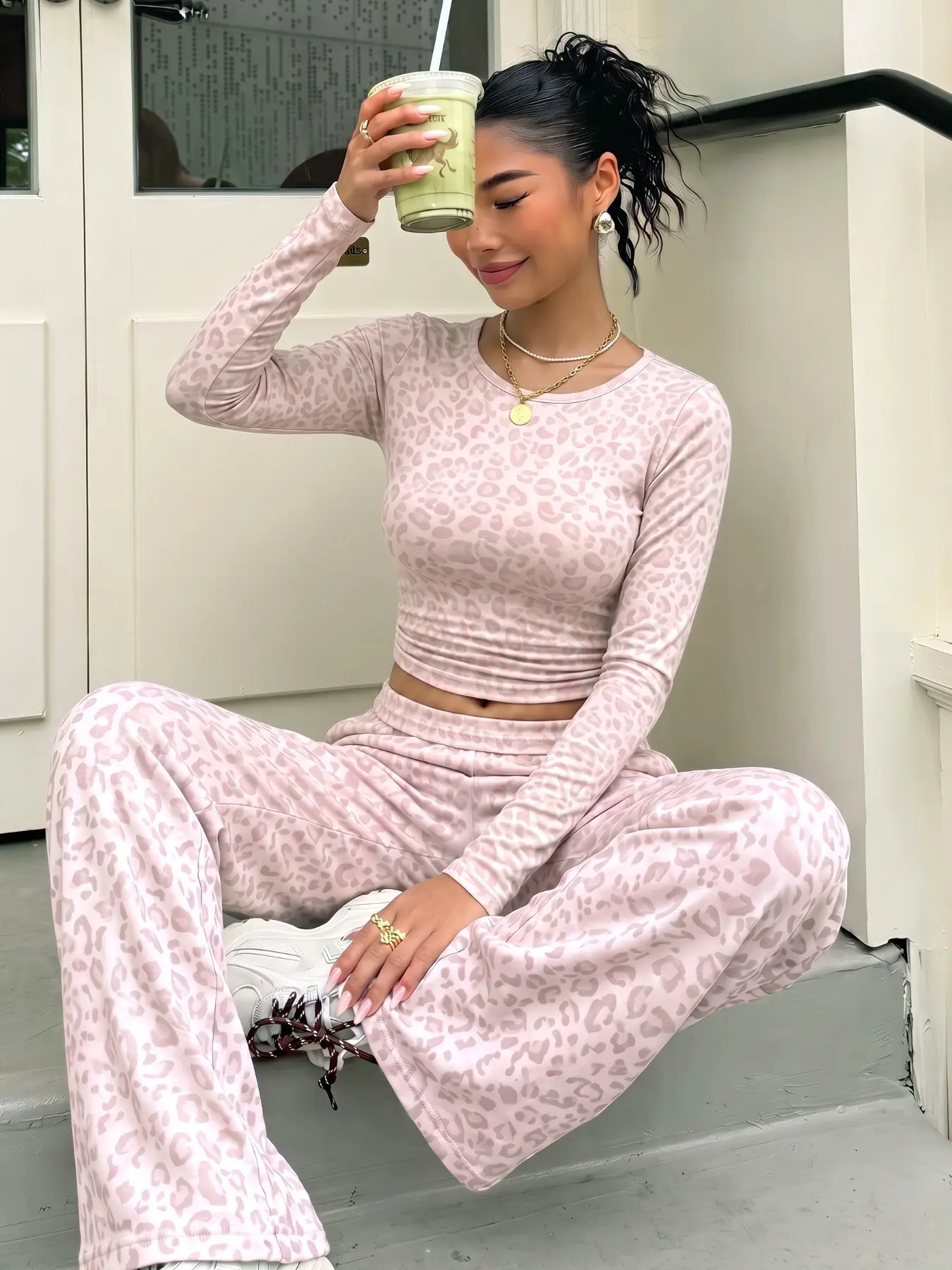 Women Vintage Retro 90s Y2K Coquette Co‑ords Matching Sets 2 PCS 2 Piece Outfit Pink Leopard Print Crew Neck Long Sleeve Cropped Top & High Waist Wide Leg Pants Soft Stretch Casual Loungewear Sets for Women