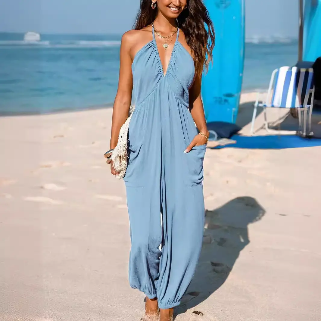 Women's Long Mid-Rise Jumpsuit with Pockets |     Sexy Tie-Back Cargo Romper |     Casual Loose Fit Jogger Style One-Piece Pants