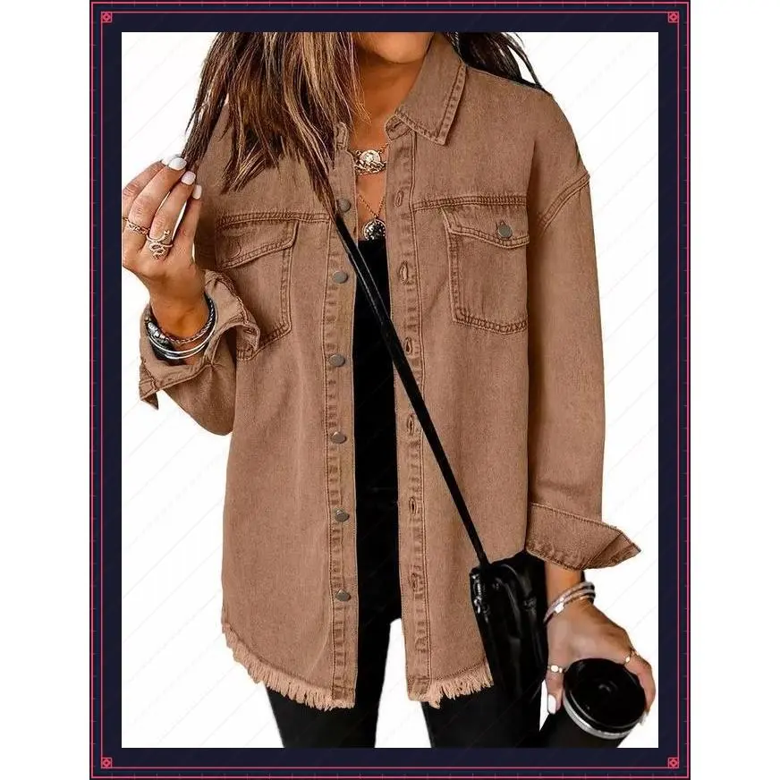Women’s Oversized Denim Shacket – Long Sleeve, Button-Up, Frayed Hem & Functional PocketsGift
