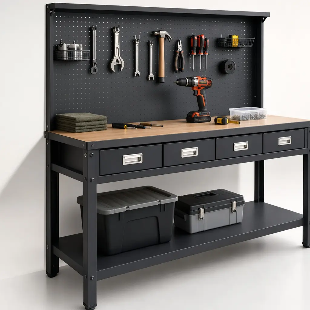 ARCH Heavy Duty Workbench - 63" Steel Frame, MDF Top, Drawer, Peg Board, 300 lbs Capacity, Black Commercial Indoor Garage Workstation, 64"(h)x48"(w)x24"(d), Assembly Required, Tool Organizer Table for Mechanics