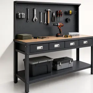 ARCH Heavy Duty Workbench - 63" Steel Frame, MDF Top, Drawer, Peg Board, 300 lbs Capacity, Black Commercial Indoor Garage Workstation, 64"(h)x48"(w)x24"(d), Assembly Required, Tool Organizer Table for Mechanics