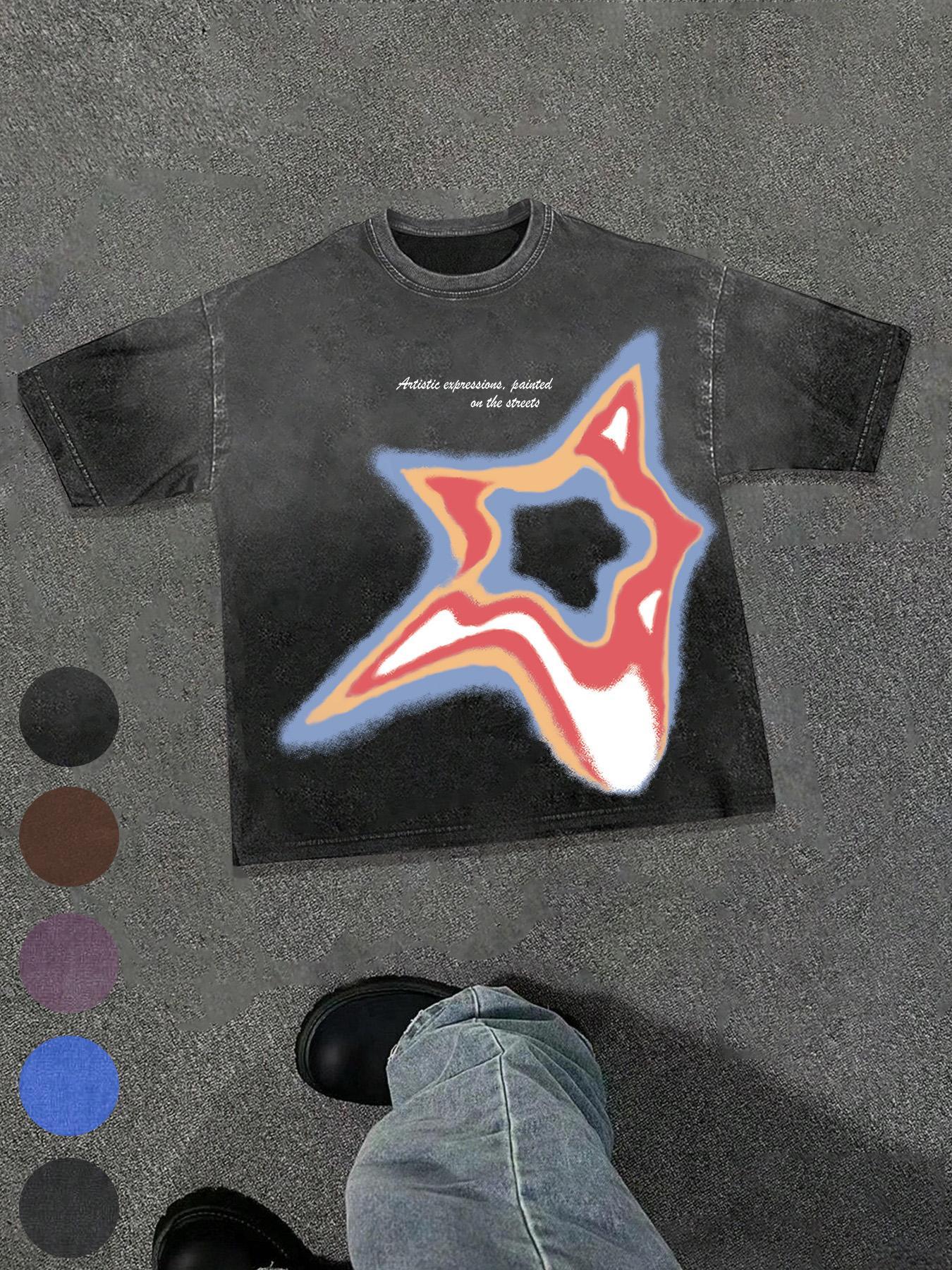 Men's Star Print Round Neck Tee, Regular Fit Casual Street Short Sleeve T-shirt for Summer, Men's Top for Daily Wear, Streetwear