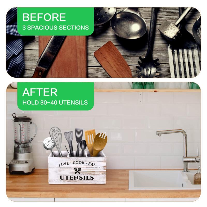 Kitchen Utensil Storage Box, 1 Count Wooden Kitchen Utensil Holder, Desktop Cutlery Storage Box, Home Organizer for Kitchen Accessories, Bedroom, Desk, Home Decor Organiser