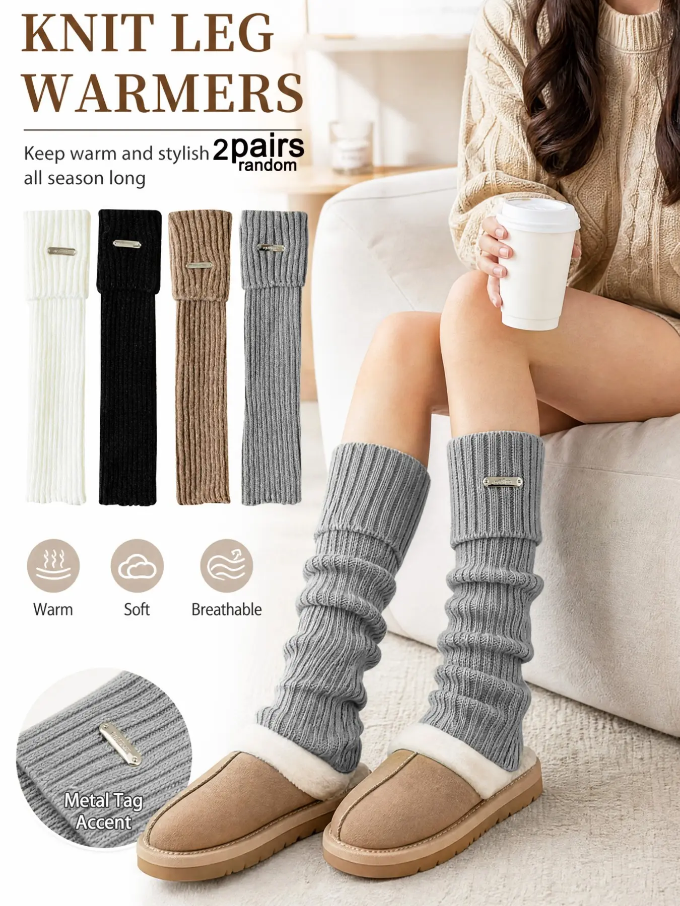 2 Pairs Fall Winter Women's Ribbed Knit Leg Warmers, Soft Thick Cozy Boot Cuffs, Elastic Fashion Stackable Ankle Socks, Perfect Gift