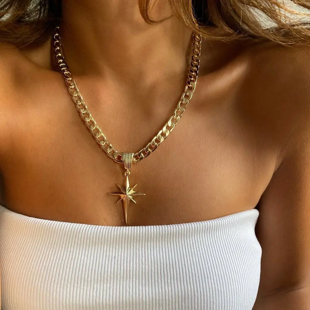 Female Sports Style Collarbone Fit Costume Jewelry Necklace - Unique Thick Cuban Link Chain, 8-Pointed Star Niche Fashion Accessory, Thick Chain