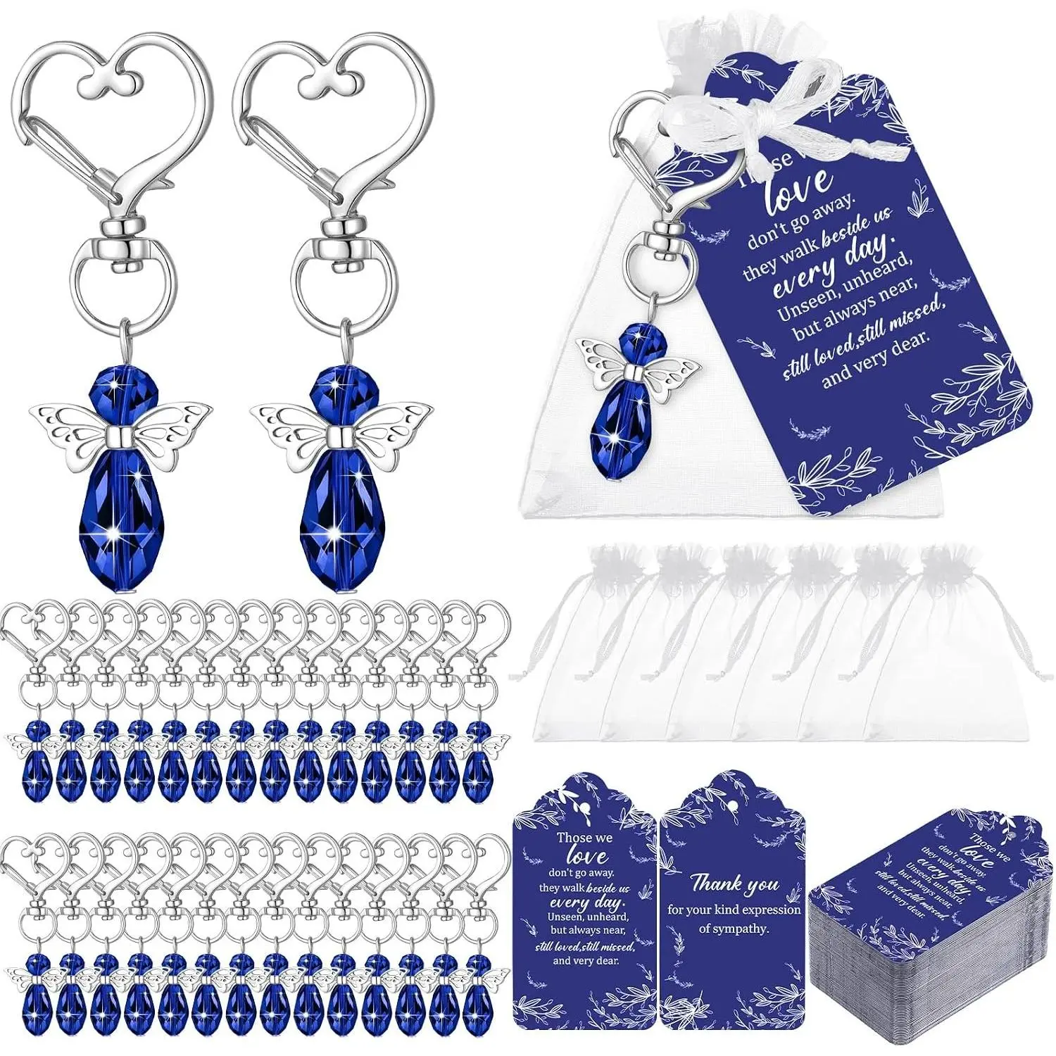 Junkin 100 Set Funeral Favors, Celebration of Life Angel Keychains with Organza Bags & Sympathy Thank You Tags for Memorial Party Guest Return Favors Funeral Gifts