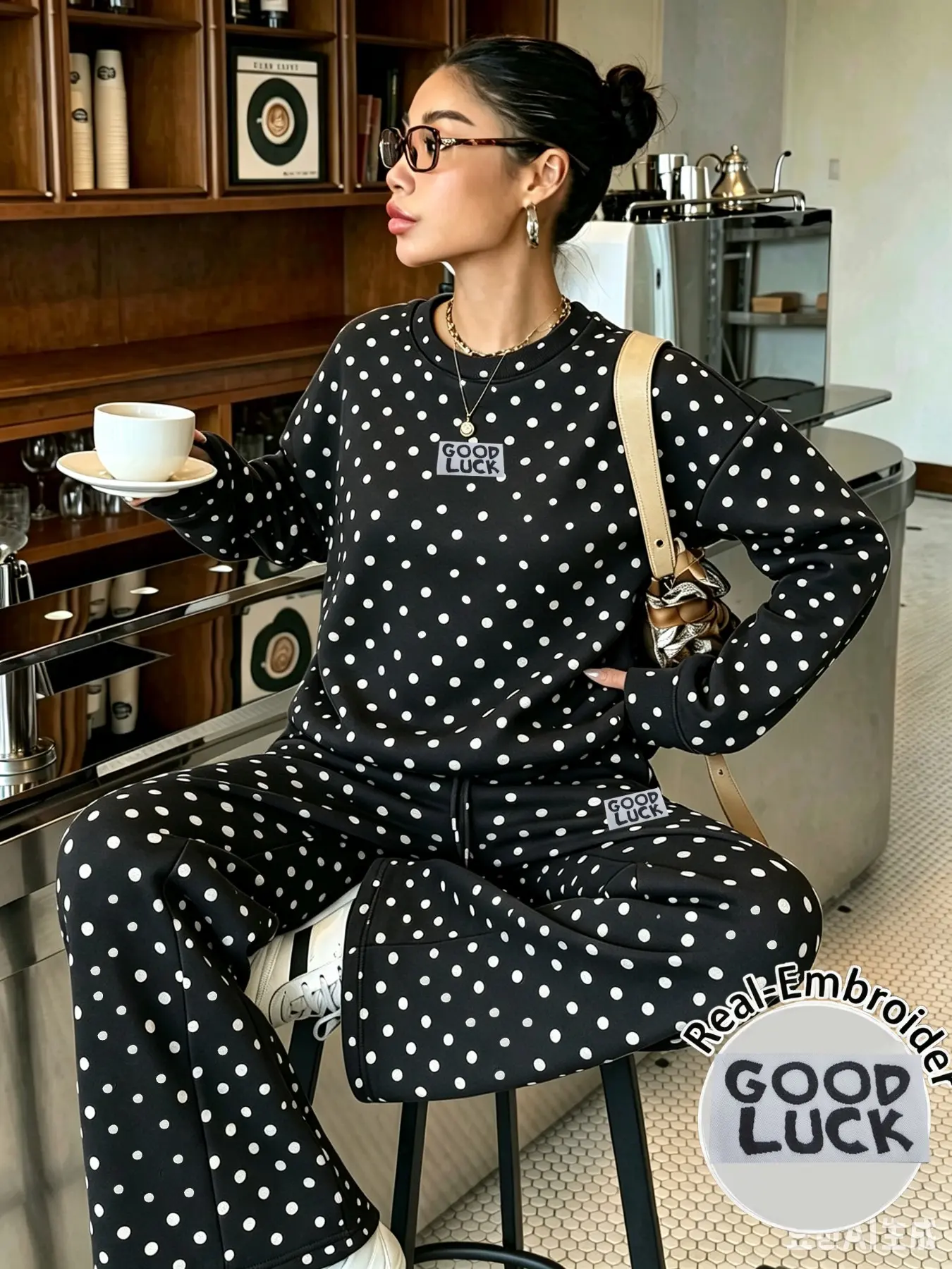 Autumn Winter Fleece Dot Embroidery Set, Classic Dots, Loose Long Sleeve Top & Wide Leg Pants, Warm Comfortable, Stylish Casual Wear