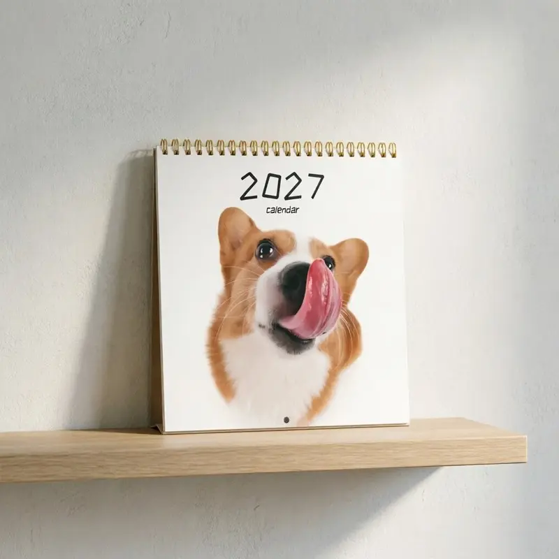 A 2027 calendar featuring close-up photos of tongue-out corgis, perfect as a wall calendar or monthly planner. Great for indoor decoration, office supplies, school supplies, back-to-school season, Halloween, Christmas, and all kinds of parties.