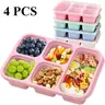 4 Pack Reusable 5 - Compartment Bento Leakproof Design Lunch Boxes. Comes with sauce containers, utensils & lids.. Great for school, work, travel & picnics. Eco - friendly & Food Grade Material. Bento Box Set