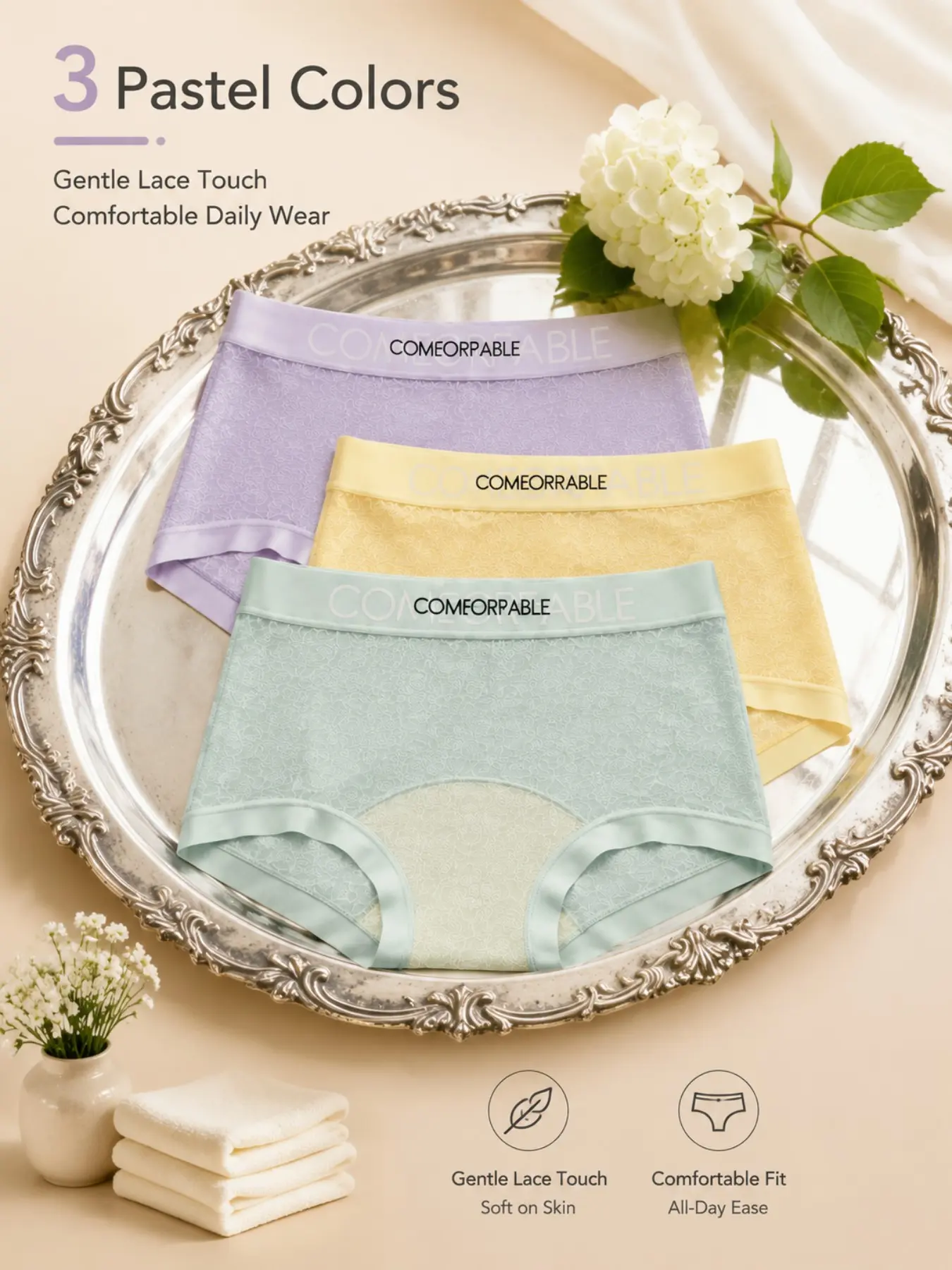 3 Pcs Lace Boyshorts, Full Coverage, Soft Non-Tight Elastic Waistband, Breathable Skin-Friendly, Mixed Pastel Colors, Daily Wear, Valentine's Gift