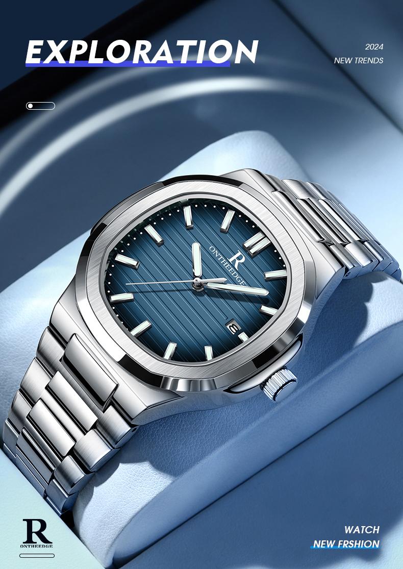 Men's Luxury Square Blue Dial Quartz Watch - Stainless Steel Wristwatch with Date, Luminous Hands, Waterproof, Classic Business Casual Dress Watch, Perfect Gift for Husband Dad