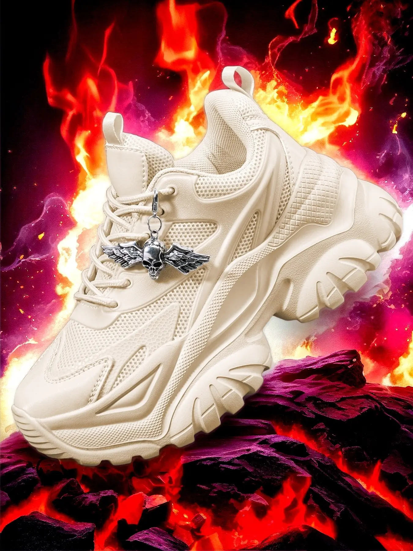 Women's Dad Shoes, Eva Lightweight Thick Sole, 7cm Heel Lift, Silver Color Skull Charm, Casual All-Season Footwear