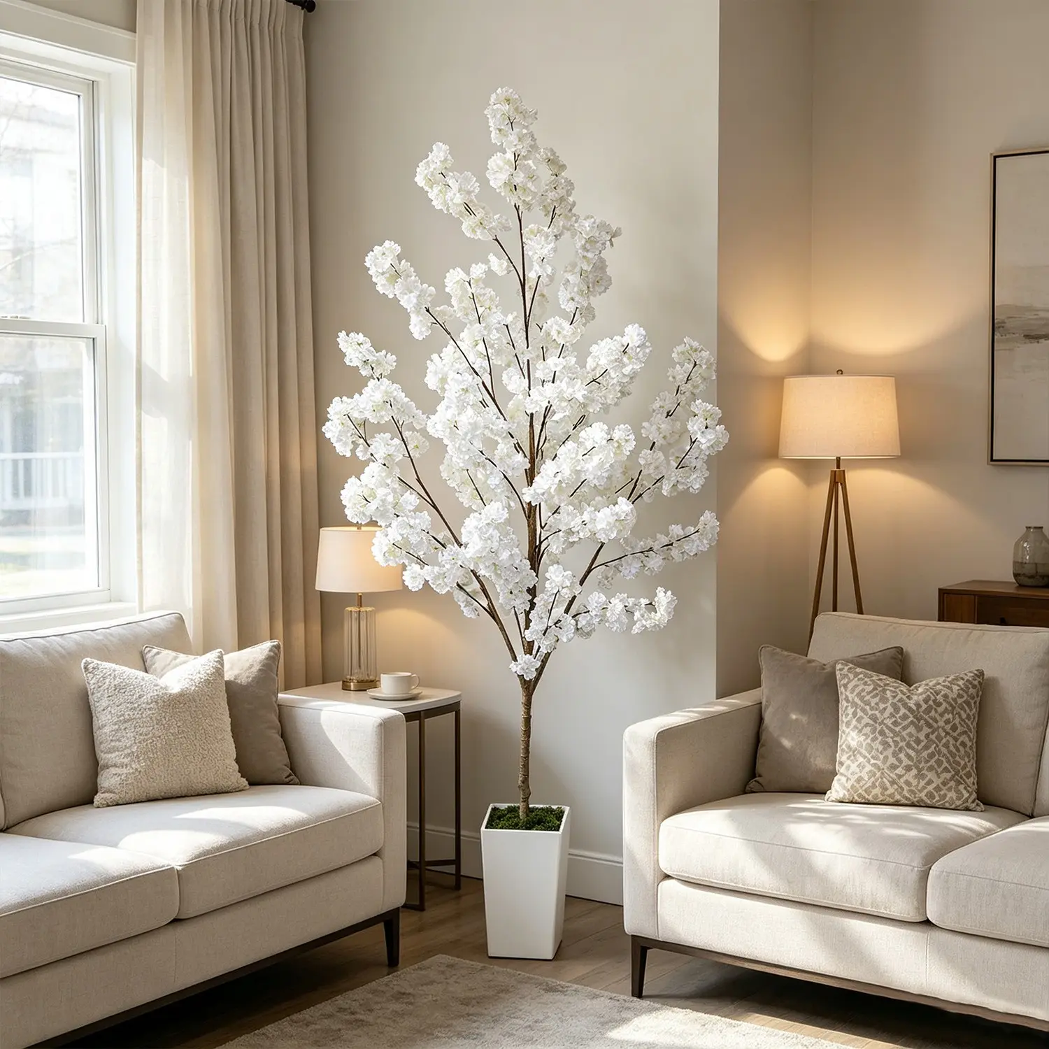 1Pcs 160-210cm Artificial Cherry Tree Wishing Tree, Home Decor Ornament with Plastic Pot and Fake Moss, Ideal for Kitchen, Living Room, Wedding, Festival Artificial Plant Decor
