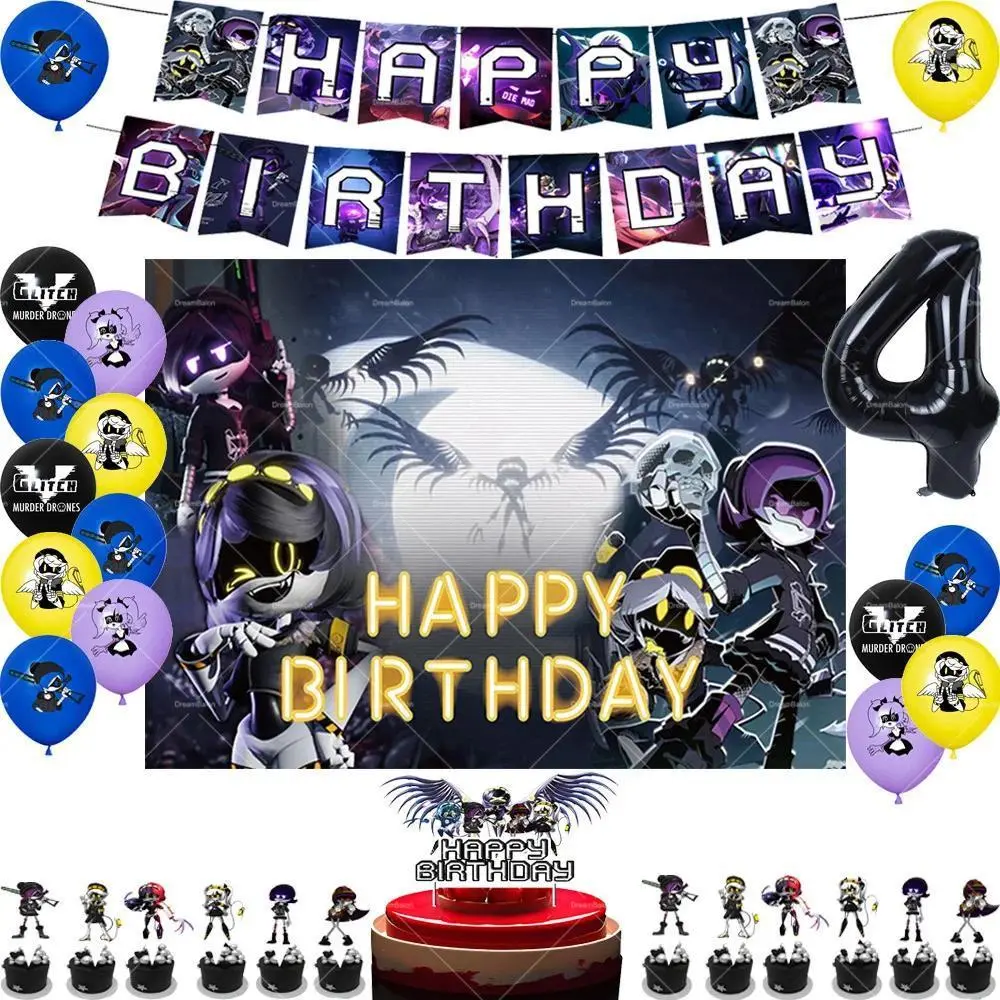 Murder&Drones Theme Background Cartoon Happy Birthday Party Decoration Flag Set Balloon Cake Topper Supplies Baby Gift Stickers