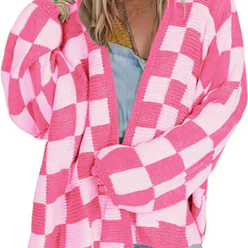Women's Plaid Print Drop Shoulder Cardigan, Fall & Winter Casual Loose Long Sleeve Open Front Knitwear, Daily Wear Women's Clothing, Knit Cardigan Sweaters
