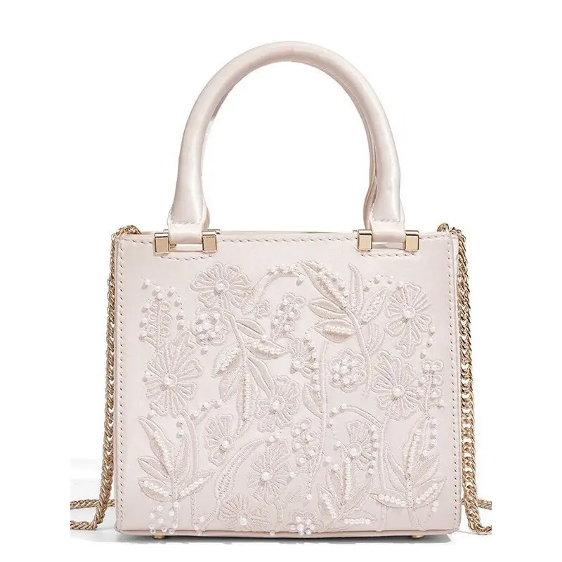 White Floral Embossed Mini Tote Handbag Decorated with Faux Pearls, Top Handle Purse with Magnetic Snap Closure & Detachable Metal Chain Strap, Elegant Crossbody Bag for Women Wedding Daily Party