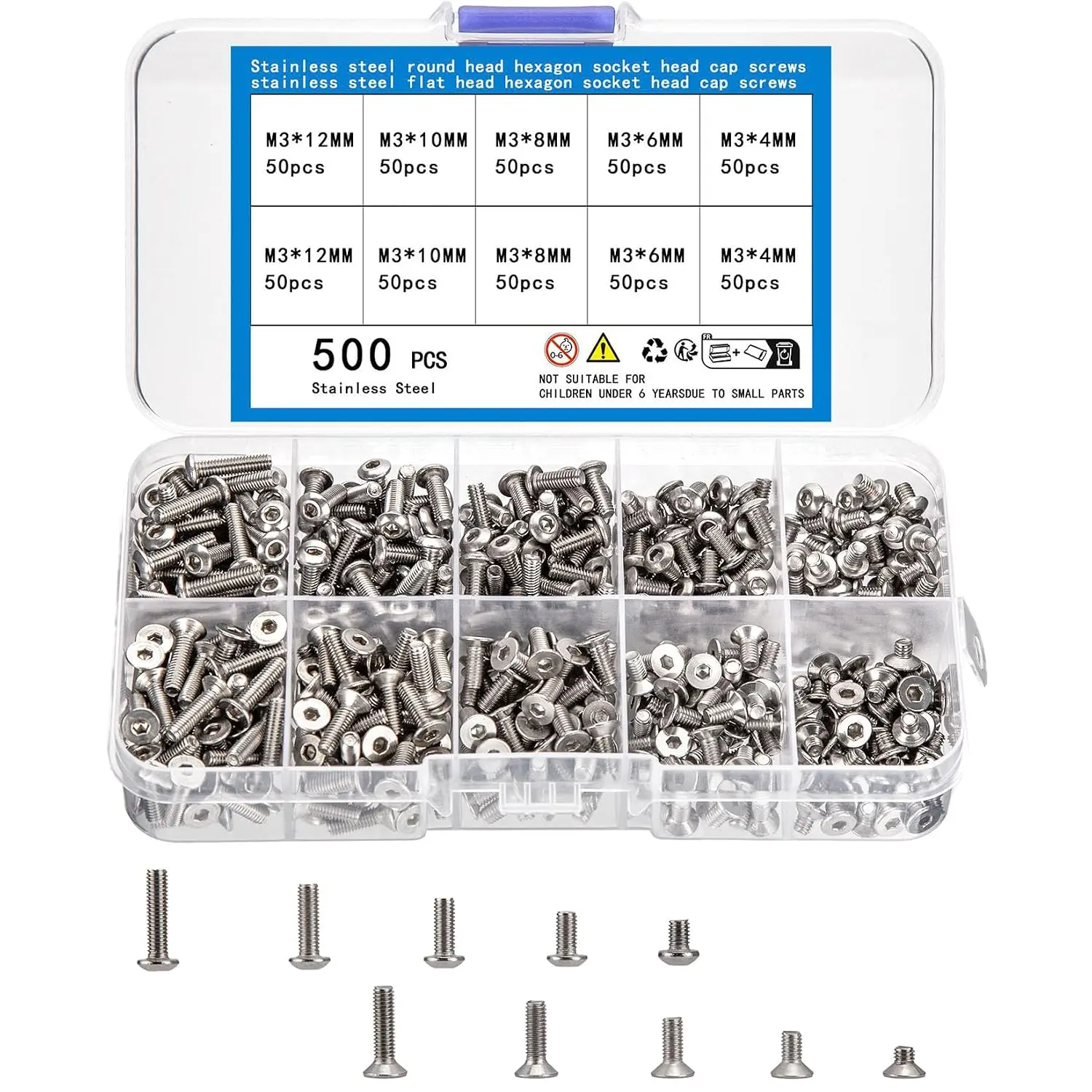500 count Metric Machine Screw  Kit, Include 250 count Hex Button   , 250 count Hex Socket Flat  Screws , M3 Stainless Steel Socket Bolt Set