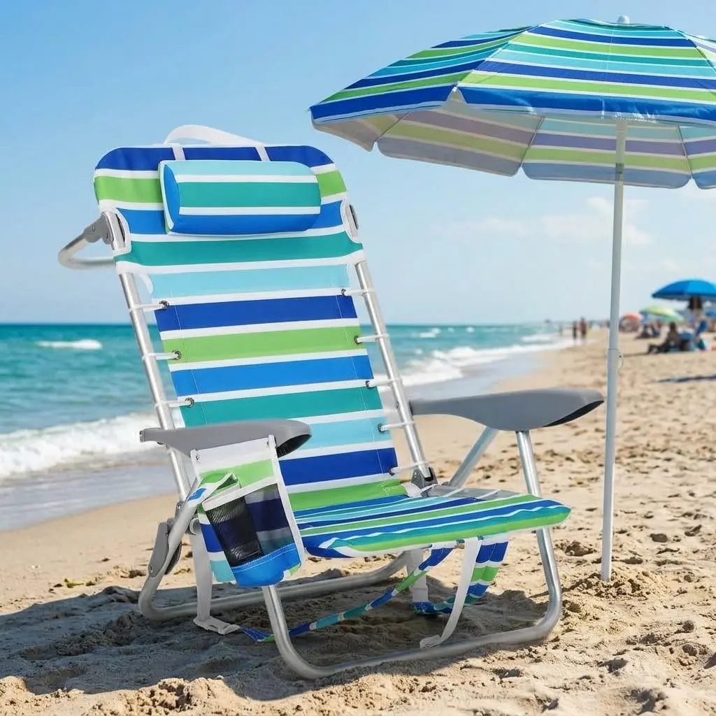 5-Position Lay Flat Backpack Beach Chair with Multi Storage | Striped Foldable Portable Chair for Camping Outdoor | Solution for convenient outdoor resting and item storage